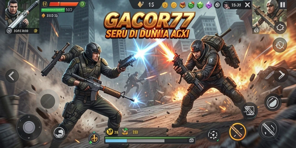 Screenshot GACOR77 menampilkan aksi pertarungan mendebarkan di peta penuh warna.