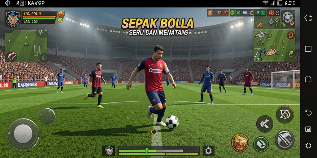 Tampilan gameplay KAKRP dengan aksi sepak bola seru.