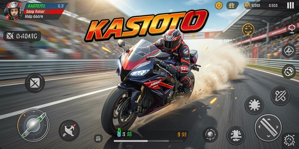Gameplay seru KASTOTO dengan balapan motor yang mendebarkan.