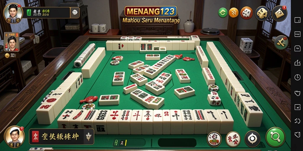 Tampilan gameplay MENANG123 dengan ubin Mahjong yang berwarna-warni.