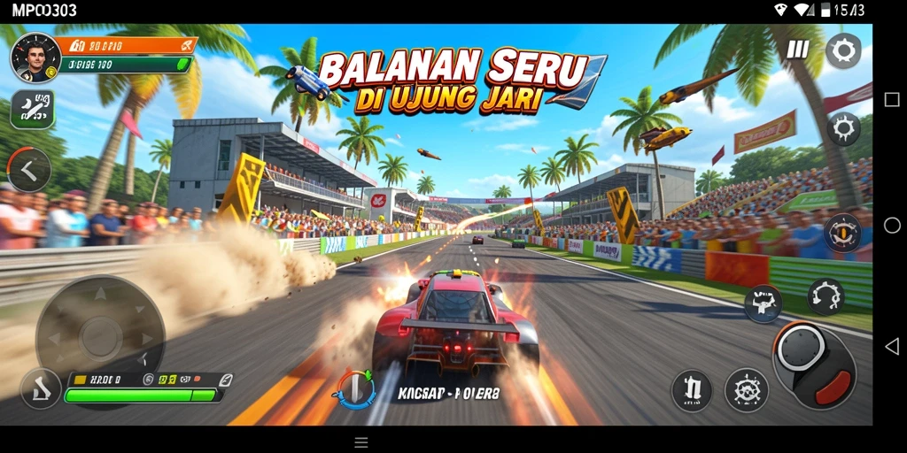 Screenshot gameplay MPO303 menampilkan aksi balapan yang mendebarkan.