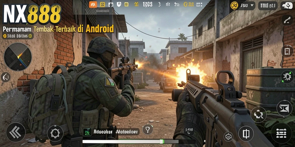 Screenshot gameplay NX888 yang mendebarkan dengan aksi tembak-menembak.