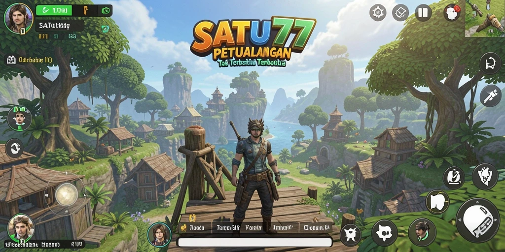 Screenshot utama SATU77 menampilkan aksi petualangan yang seru di dunia terbuka.