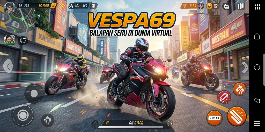 Tampilan gameplay VESPA69 yang mendebarkan di trek balapan.